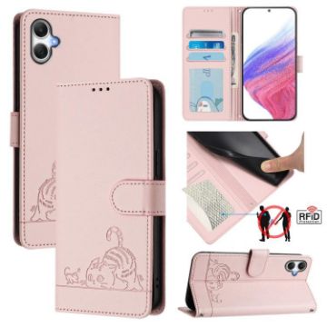 Samsung Galaxy A07 4G Pink Cat Rat Embossed RFID Leather Case with Lanyard - 1
