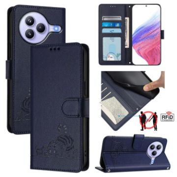 Xiaomi Civi 5 Pro 5G Cat Rat Embossed RFID Leather Case with Lanyard Blue - 1