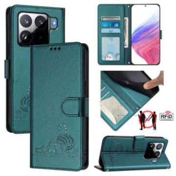 Xiaomi 15S Pro 5G Peacock Green Cat Rat RFID Leather Case with Lanyard - 1