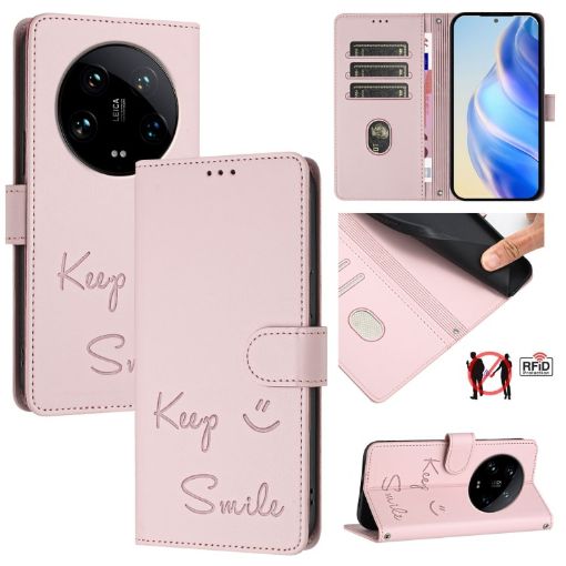 Xiaomi 14 Ultra Pink RFID Leather Phone Case - Smile Embossing - 1