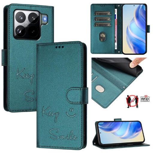 Xiaomi 15S Pro 5G Peacock Green RFID Leather Phone Case - Smile Embossing - 1