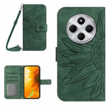 Redmi 14C 4G Green Sunflower Embossed Flip Leather Case with Lanyard - 1