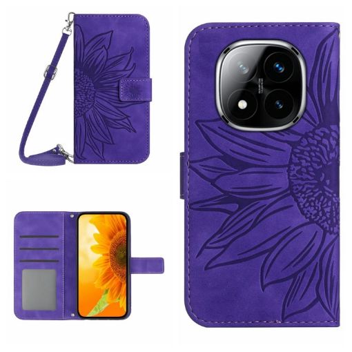 Redmi Note 14 Pro+ 5G Dark Purple Sunflower Flip Leather Case with Lanyard - 1