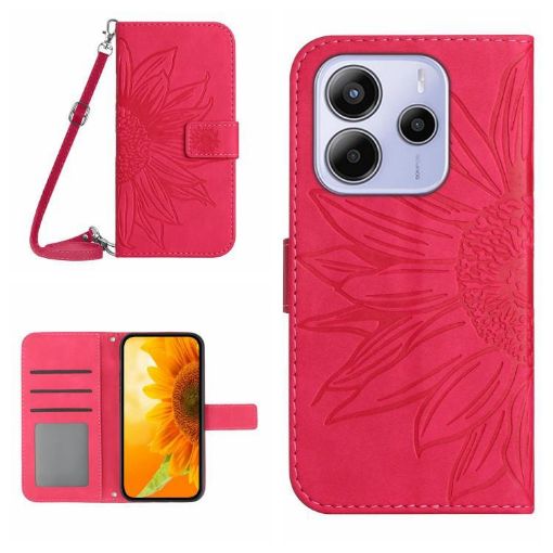 Redmi Note 14 4G Sun Flower Embossed Flip Leather Case Rose Red - 1