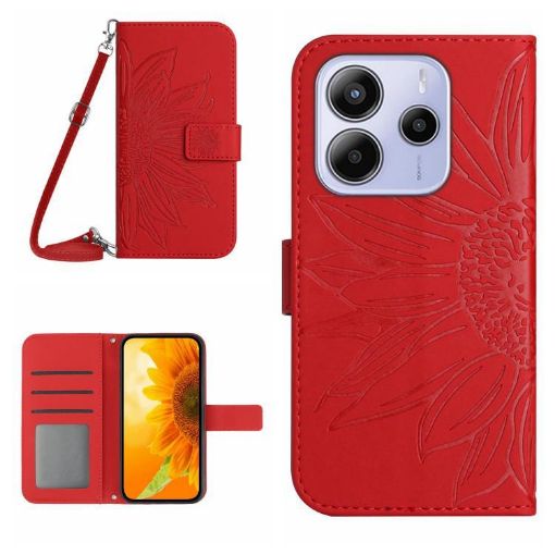 Redmi Note 14 4G EU Sun Flower Embossed Flip Leather Case (Red) - 1