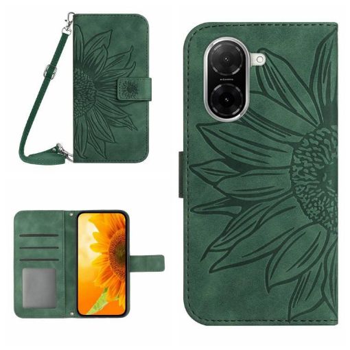 Redmi A5/Poco C71 Green Sunflower Embossed Flip Leather Case with Lanyard - 1