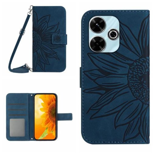 Redmi 13x Sun Flower Embossed Flip Leather Case with Lanyard Blue - 1