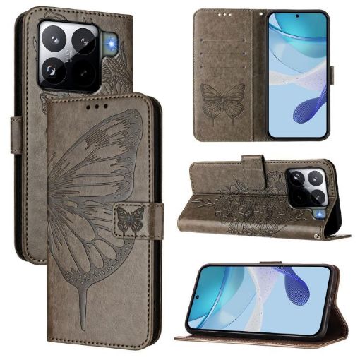 Xiaomi 15S Pro 5G Grey Embossed Butterfly Leather Phone Case - 1