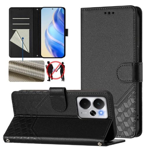Realme 14 5G/14T 5G Honeycomb RFID Leather Phone Case - Black - 1
