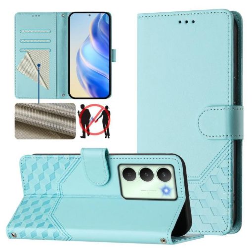 Realme 14x/V70/C75 5G Honeycomb RFID Leather Case - Mint Green - 1
