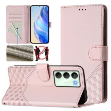 Realme 14x/V70/C75 5G Pink Honeycomb RFID Leather Phone Case - 1