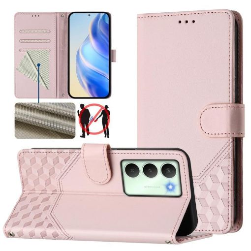 Realme 14x/V70/C75 5G Pink Honeycomb RFID Leather Phone Case - 1