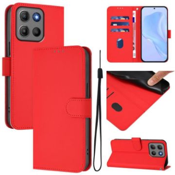 Moto G15 Red Leather Phone Case with Lanyard - Solid Color Skin Feel - 1