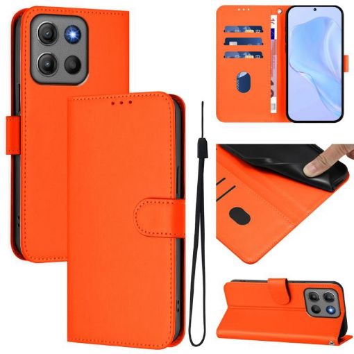 Moto G15 Power Leather Phone Case with Lanyard - Solid Orange Skin Feel - 1