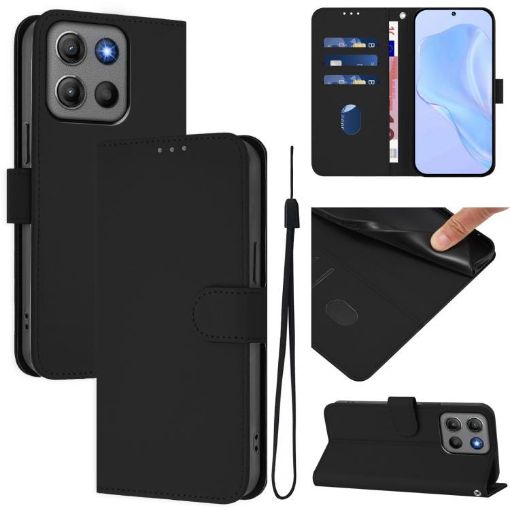 Moto G15 Black Leather Phone Case with Lanyard - Solid Color Skin Feel - 1