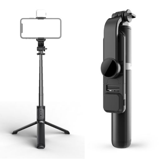 Q02S Fill Light Bluetooth Selfie Stick Tripod Phone Holder - Black - 1