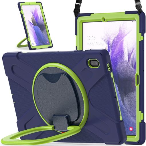 Samsung Galaxy Tab S7 FE T730 Case with Holder & Strap - Navy/Lime - 1