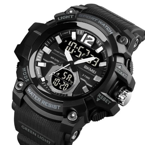 SKMEI 1725 Black LED Digital Watch - Three Time Display, Luminous - 1