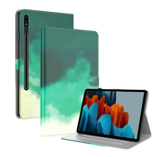 Samsung Galaxy Tab S9+ Cyan Green Watercolor Flip Leather Case - 1