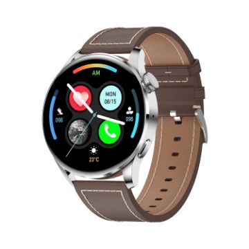 GW69 Smart Watch - BT Call, Heart Rate, BP, SpO2, Silver/Brown Strap - 1