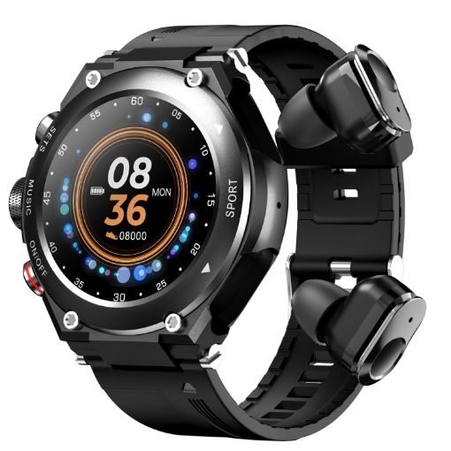 T92 1.28" IPS Smart Watch & Bluetooth Headset, Heart Rate, Music, Black - 1