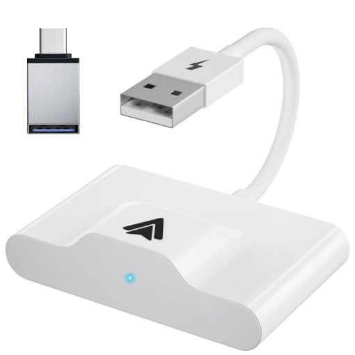 USB + USB-C Wired to Wireless Carplay Adapter for Android (White) - 1
