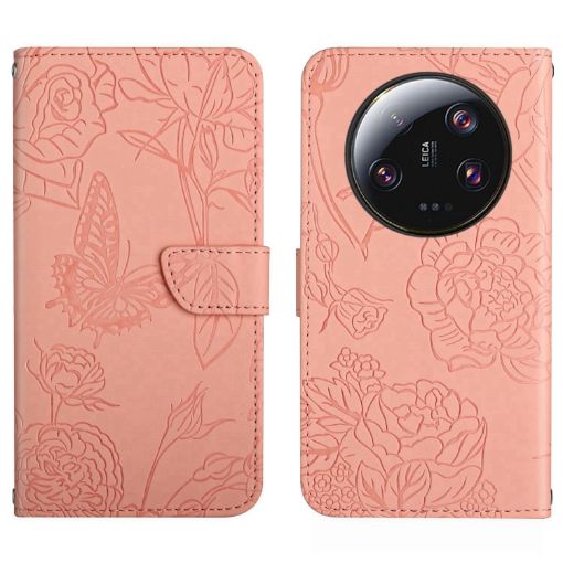 Xiaomi 14 Ultra Pink Butterfly Embossed Flip Leather Phone Case - 1