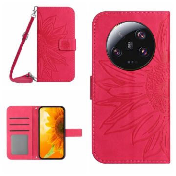 Xiaomi 14 Ultra Rose Red Sun Flower Embossed Leather Case with Lanyard - 1