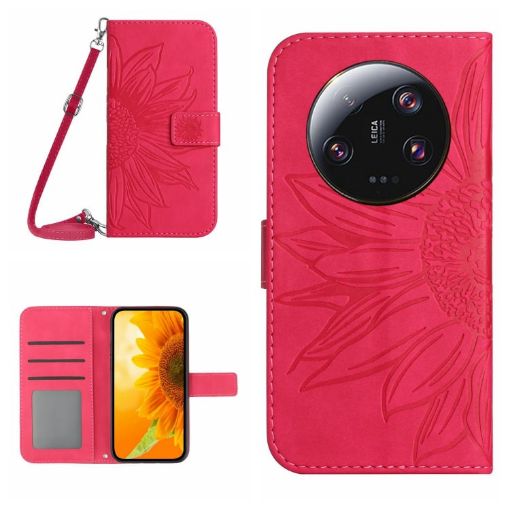 Xiaomi 14 Ultra Rose Red Sun Flower Embossed Leather Case with Lanyard - 1