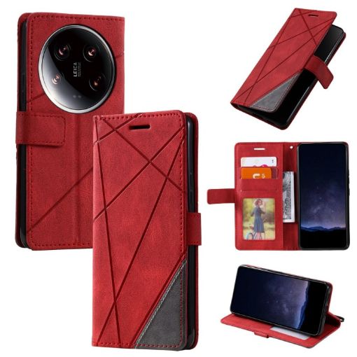 Xiaomi 14 Ultra Red Leather Phone Case - Skin Feel Splicing Design - 1
