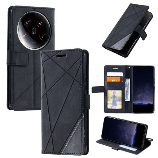 Xiaomi 14 Ultra Black Leather Phone Case - Skin Feel Splicing Design - 1