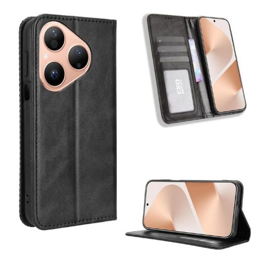 Huawei Pura 80 5G Leather Phone Case - Magnetic Buckle, Retro Texture, Black - 1