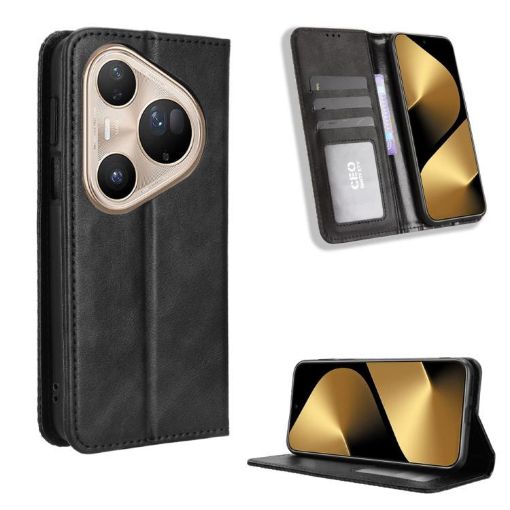 Huawei Pura 80 Ultra 5G Leather Phone Case Black - Magnetic Buckle Retro - 1