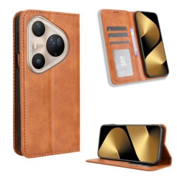 Huawei Pura 80 Ultra 5G Leather Phone Case, Magnetic Buckle, Brown Retro - 1