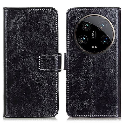 Xiaomi 14 Ultra Black Retro Crazy Horse Leather Phone Case - 1
