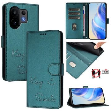 Vivo S30 Peacock Green RFID Leather Phone Case - Smile Embossing - 1