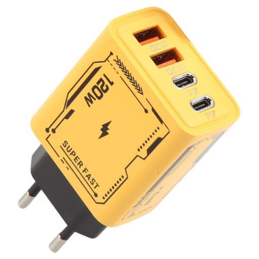 KO-72 GaN 120W 4-Port Fast Charger, 2 PD & 2 QC 3.0, EU Plug, Yellow - 1