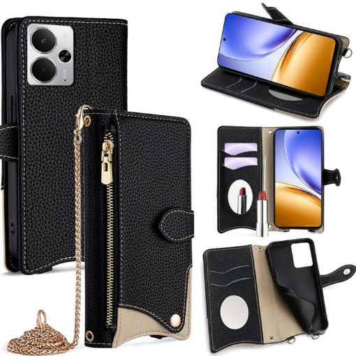Realme 14 Black Crossbody Chain Fishtail Litchi Leather Phone Case - 1