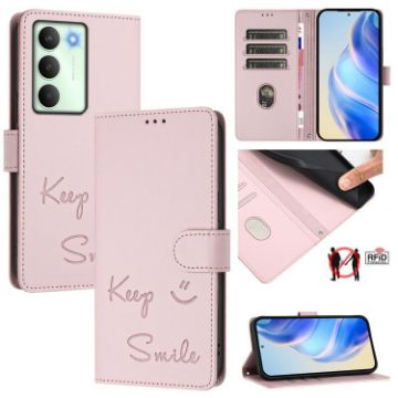 Realme 14x/V70/C75 5G Pink Smile Embossing RFID Leather Case - 1