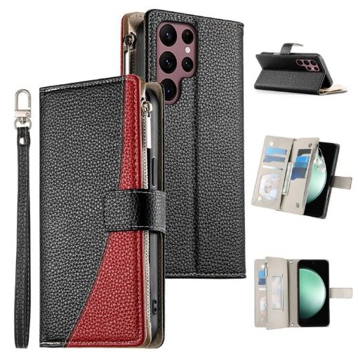 Samsung Galaxy S22 Ultra 5G Leather Wallet Case with Strap (Black) - 1