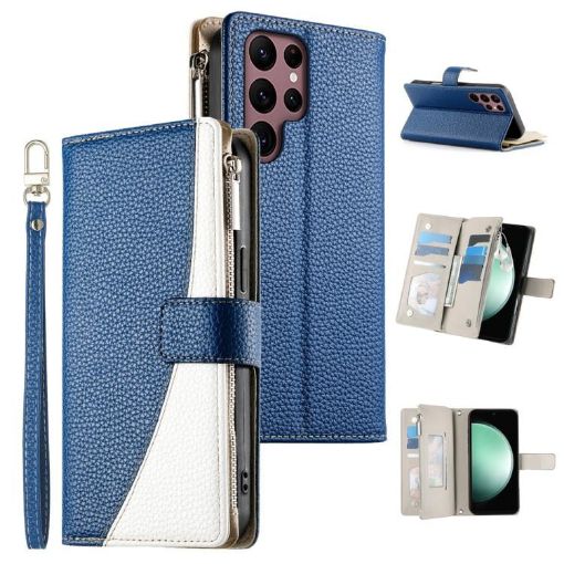 Samsung Galaxy S22 Ultra 5G Dark Blue Leather Wallet Case with Strap - 1