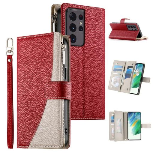 Samsung Galaxy S21 Ultra 5G Red Leather Wallet Case with Strap - 1