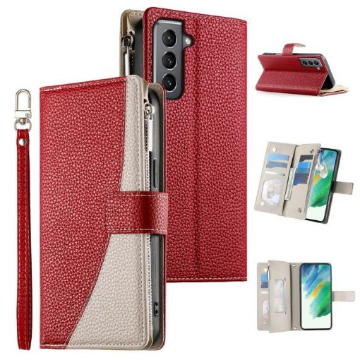 Samsung Galaxy S21 5G Red Leather Wallet Case with Strap & Card Slots - 1