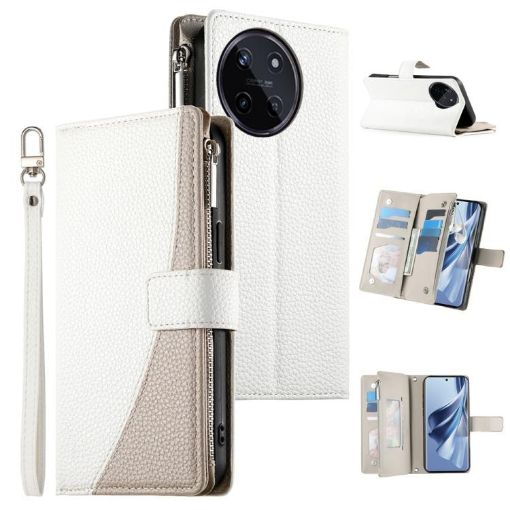 Realme 11 4G White Leather Wallet Phone Case with Strap & Zipper - 1