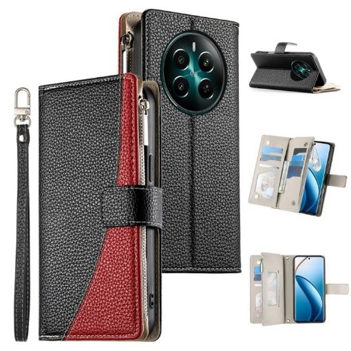 Realme 13/12/12+ 5G/Narzo 70 Leather Wallet Phone Case with Strap (Black) - 1