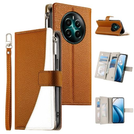 Realme 13/12/Narzo 70 Leather Wallet Phone Case with Strap - Brown - 1