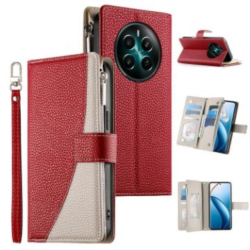 Realme 13/12/Narzo 70 Red Leather Wallet Phone Case with Strap - 1