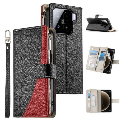 Xiaomi 15 Multi-card Zipper Wallet Leather Phone Case with Strap Black - 1