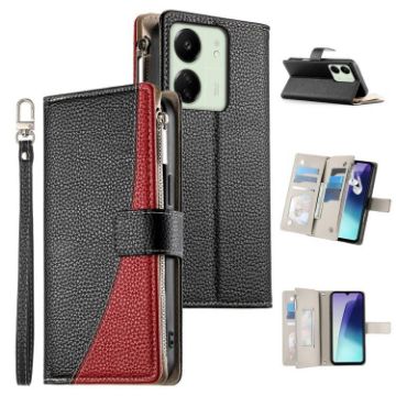 Redmi 13C/5G/13R Poco C65 Leather Wallet Phone Case with Strap (Black) - 1
