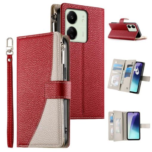 Redmi 13C/5G/13R Poco C65 Leather Wallet Phone Case with Strap (Red) - 1
